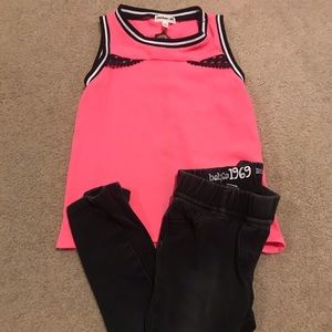 Monteau girl pink top and gap black jean leggings